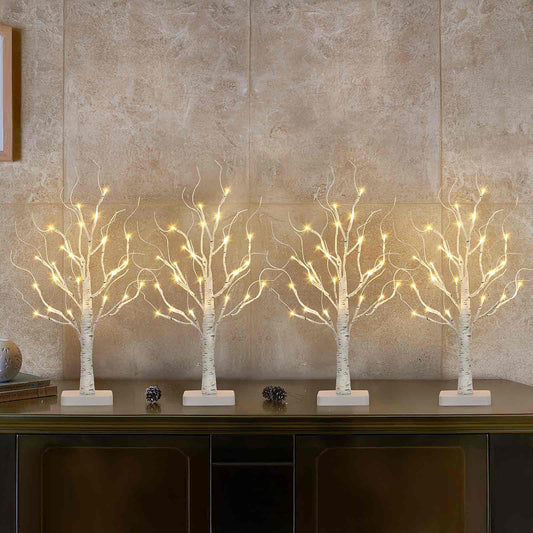 EAMBRITE Birch Tree with LED Lights for Christmas Decorations Indoor Lighted Tabletop Tree 22 in 24 LED White Twig Battery Operated Mini Small Artificial Trees for Home Table Centerpiece Mantel 4pcs