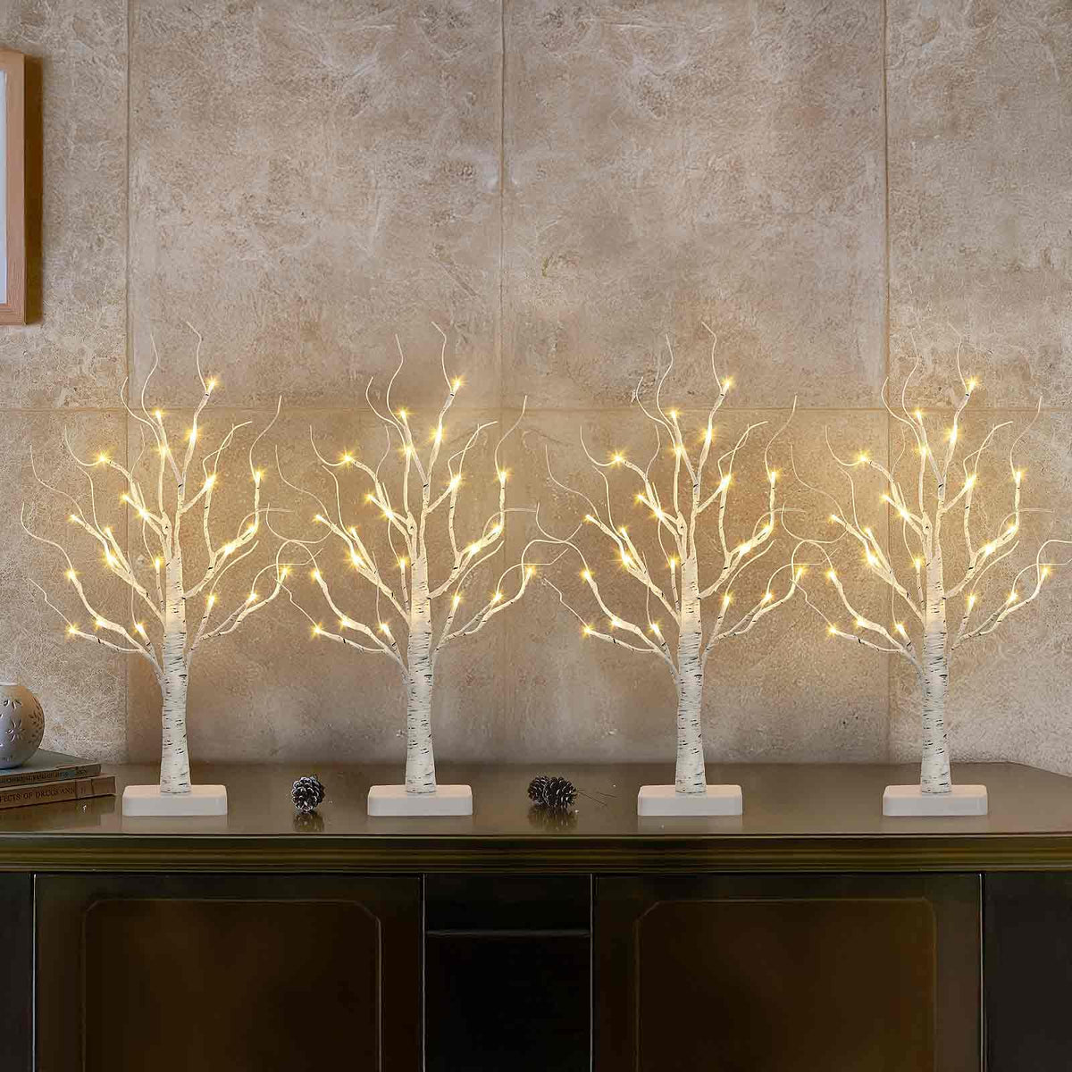 EAMBRITE Birch Tree with LED Lights for Christmas Decorations Indoor Lighted Tabletop Tree 22 in 24 LED White Twig Battery Operated Mini Small Artificial Trees for Home Table Centerpiece Mantel 4pcs